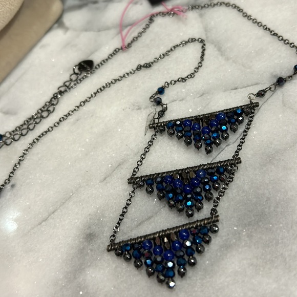 Triple Hand-beaded Lapis Triangles Necklace,Boutique - Picture 6 of 16
